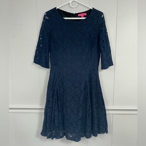 Betsey Johnson Navy Blue Floral Quarter Sleeve Lace Fit and Flare Dress Size 12